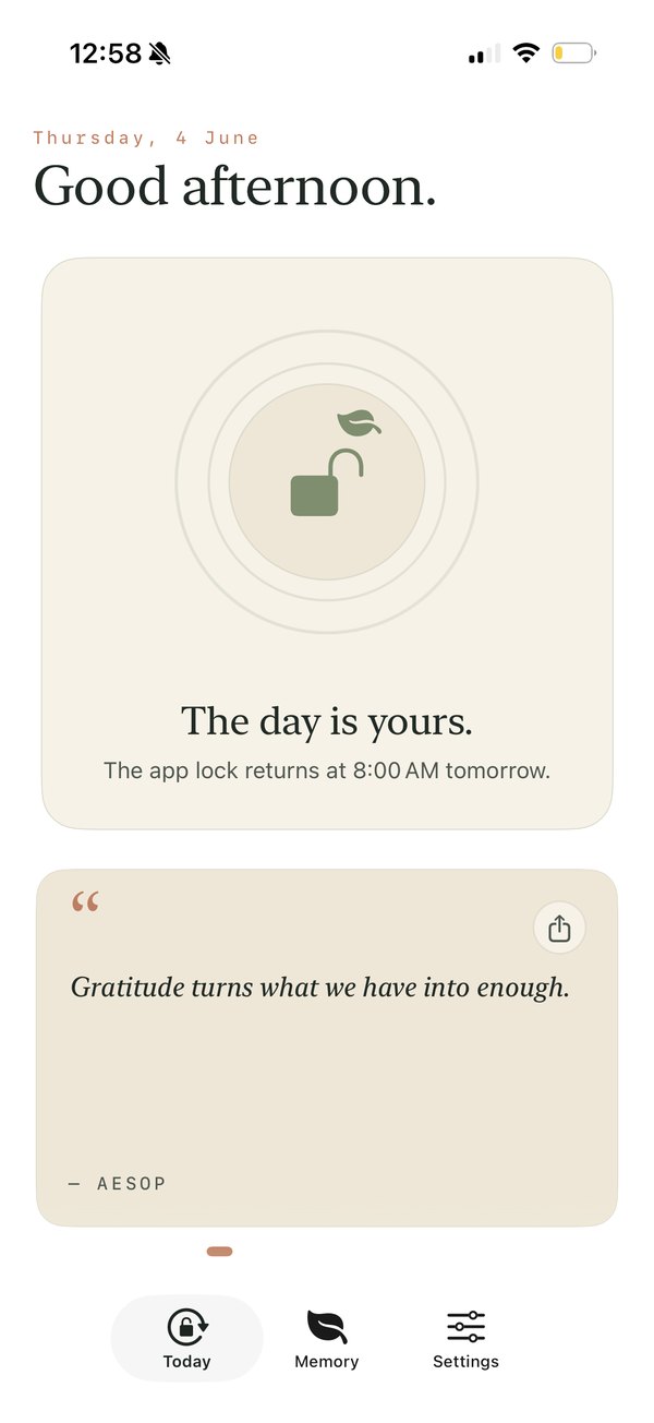 Gratitude Lock unlocked screen: the day is yours after completing your gratitude entry